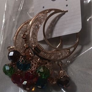 Elegant Gold Crescent Earrings with Multicolor Beads